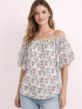 Max Studio Ruffle Trim Off Shoulder Chiffon Semi Sheer Pullover Floral Blouse M
